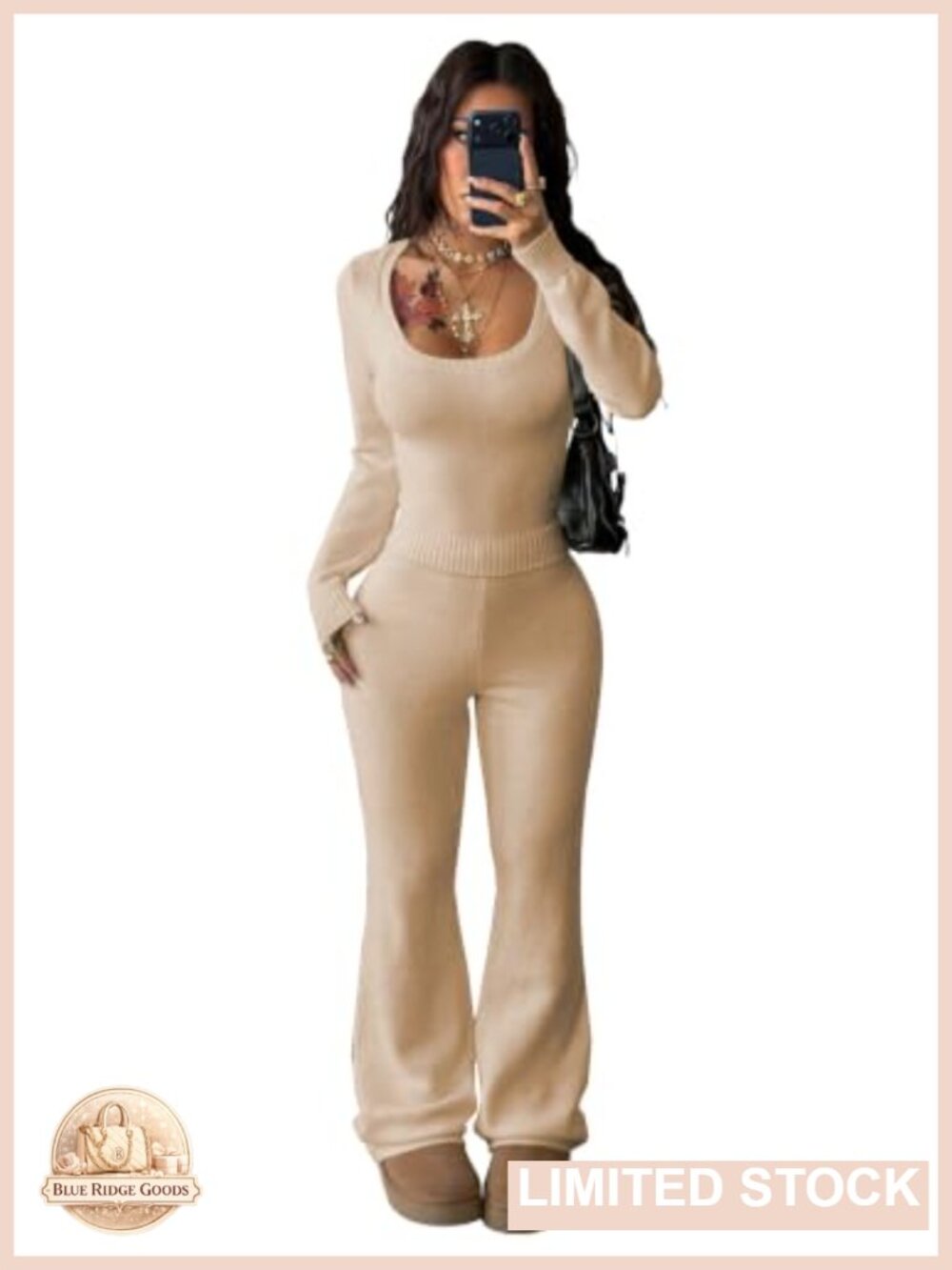 Womens 2 Piece Knit Sweater Set Long Sleeve Top Wide Leg Pants Lounge